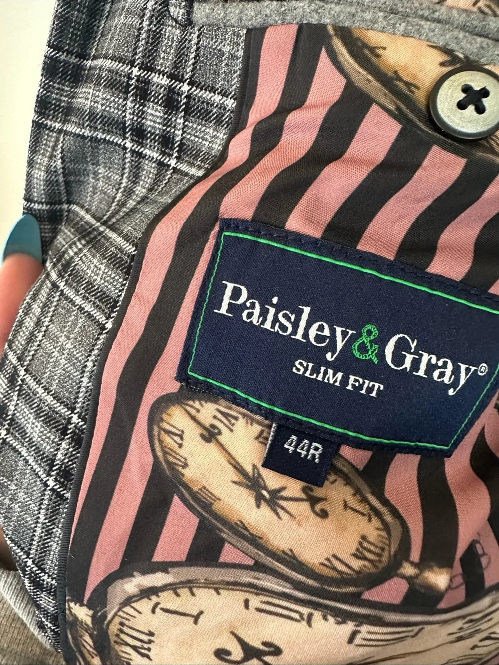 Paisley & Gray Dover Notch Slim Fit Jacket Men's Gray Plaid Abstract Interior 44